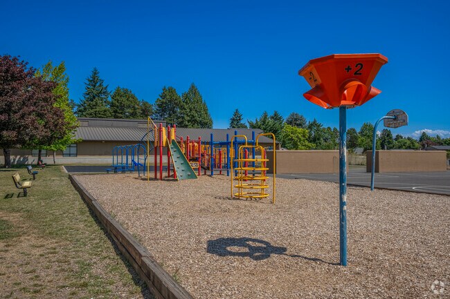 Vibrant playgrounds provide a recess oasis at Indian Hills Elementary School in Aloha, Oregon.