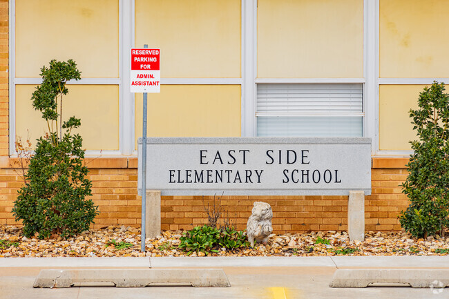 Close up shot of the text of East Side Elementary School.