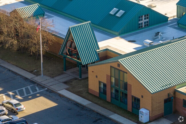 The main entrance to the Dr. Gertrude Bailey Elementary School in Lowell, MA.