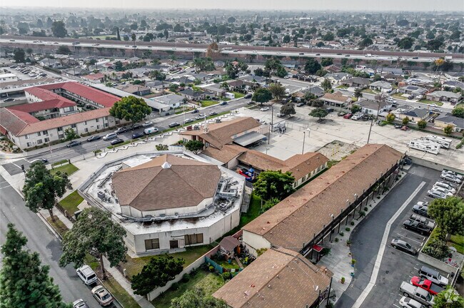 Aerial view of the back of Pioneer Baptist School in Downey