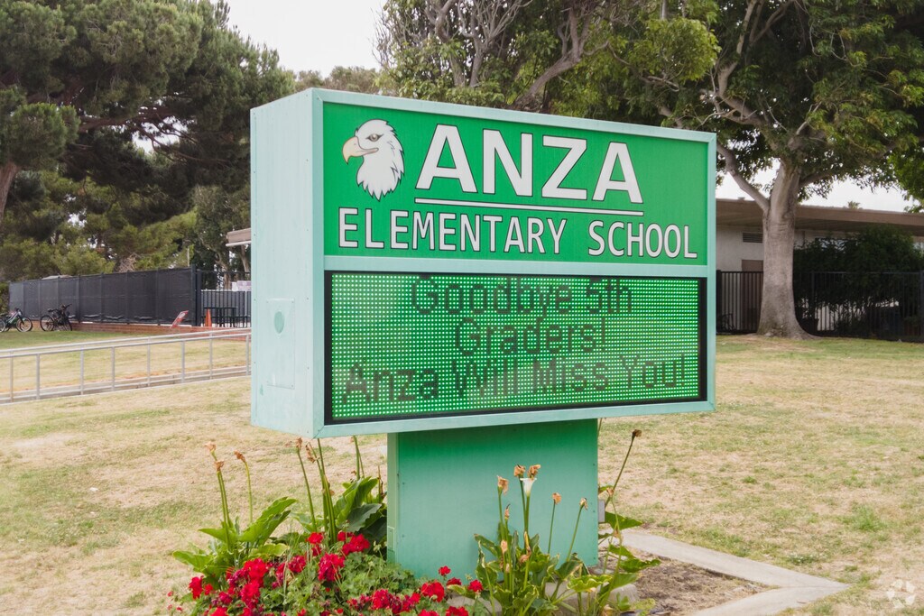 The entry sign for Anza Elementary School welcomes students in the Southwood neighborhood.