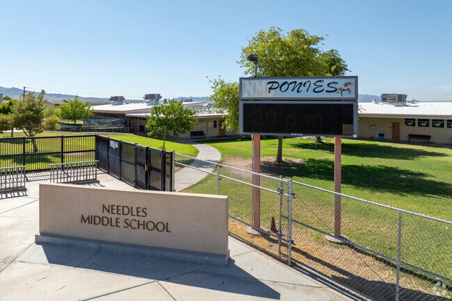 A view of the Needles Middle School buildings from the street.