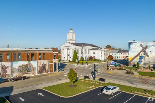 Beautiful church in the center of Batavia neighborhood with wall art surrounding.