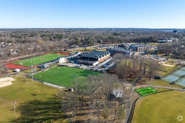 An aerial overivew of the Reading High School in Reading, MA.