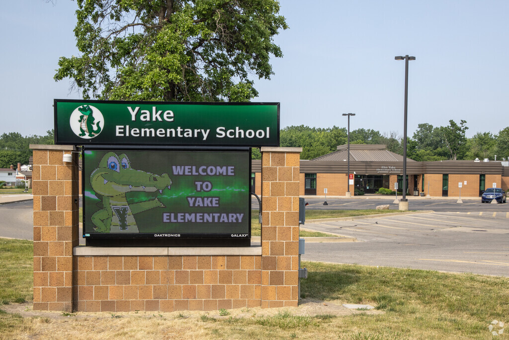 An electronic sign welcomes students to Yake Elementary School in Woodhaven, MI.