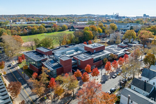 An aerial view of East Rock Community Magnet School.