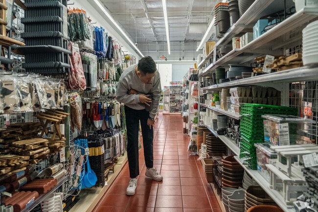 Daiso shopper contemplates a myriad of affordable Japanese goods near Forestland.