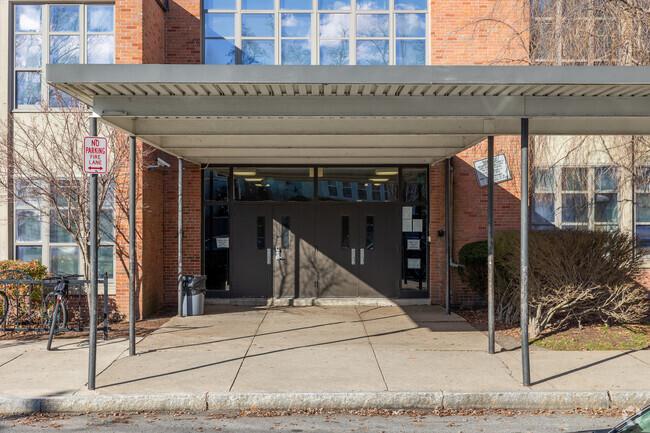 Atlantic Middle School in Quincy has a covered entrance for students.