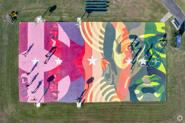 The artistic mural at Charles Johnson Park is best viewed from above.