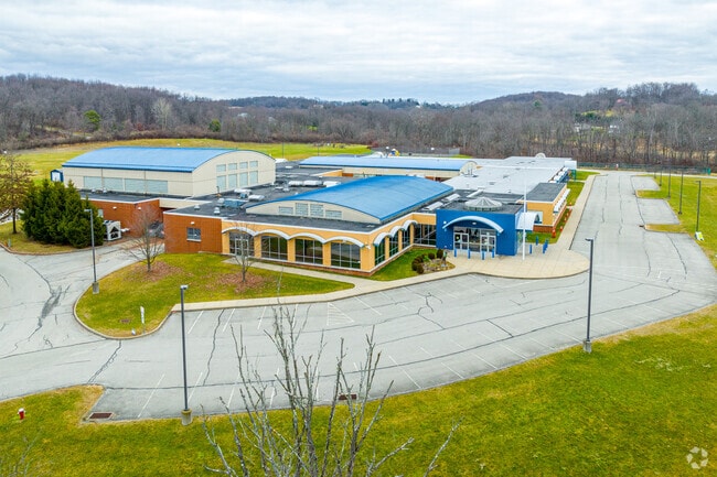 South Buffalo Elementary School has a bright blue pop of color on the building.