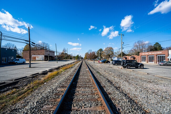 Train tracks run down the center of downtown Pine Level, NC.