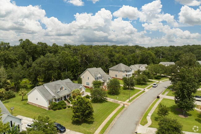 Large homes in Georgetown are shaded by large pine trees.