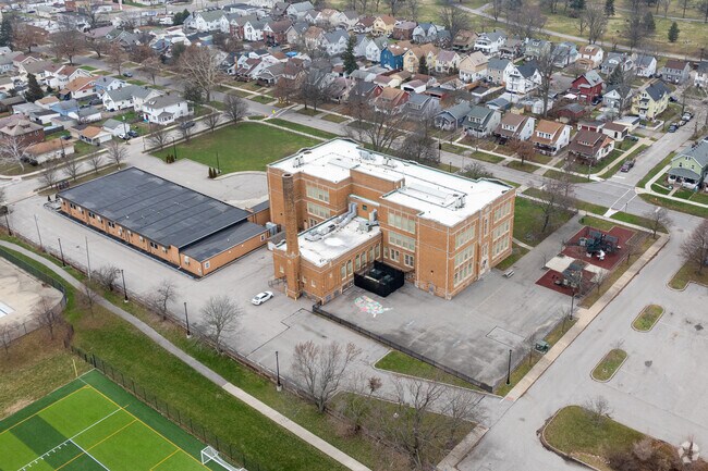 Aerial view of William C Bryant Elementary School in Old Brooklyn .