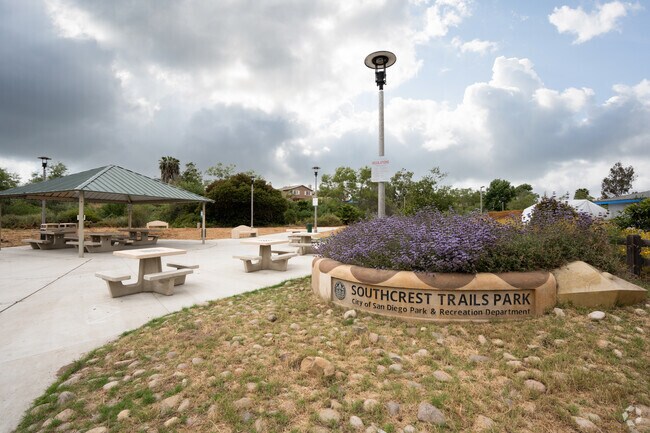Picnic benches are ready for residents of Southcrest Trails Park in San Diego.