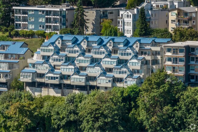 These shipping container inspired residences overlook the marina in Westlake.