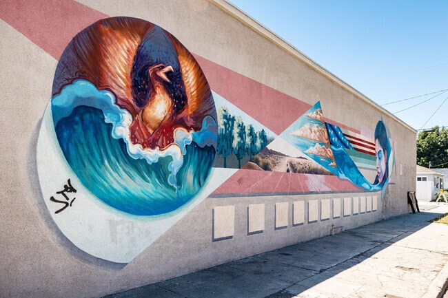 Colorful murals add artistic flair to Nehyam’s vibrant streetscape in Long Beach.