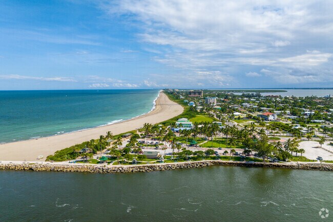 An aerial overview of South Beach over the jetty.