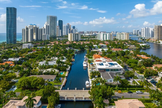 Aerial overview of Golden Beach homes on the canal.