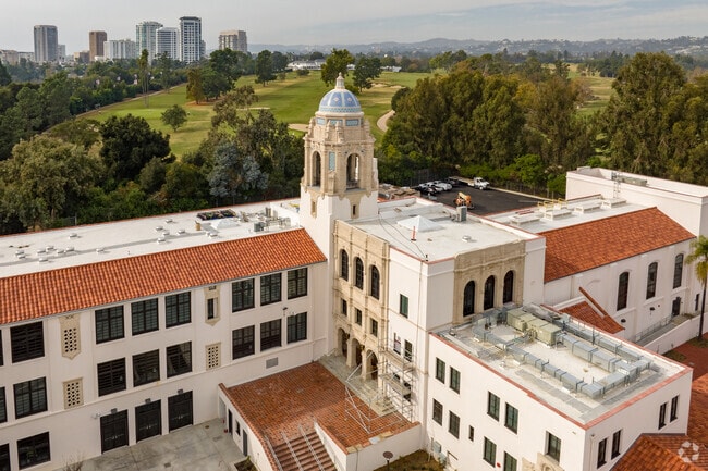 El Rodeo Elementary in Beverly Hills can be seen from afar with its grand tower and blue tiles.