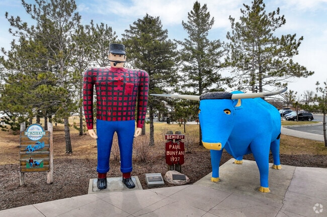 Minnesota's folklore legend Paul Bunyan and Babe the Blue Ox welcome visitors to downtown Bemidji.