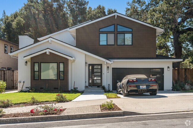 Contemporary design in Stanford Hills blends wood and white finishes for a sleek, modern look.