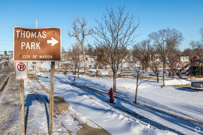Thomas Park is a city park that features a splash pad, disc golf course, and an expansive playground.