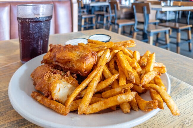 The fish and chips from Two Trees Restaurant and Taps is a local favorite in Juanamaria.