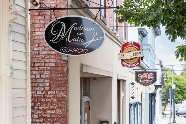 The streets of Shelbyville have lots of places to shop and visit.