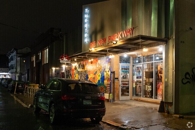 The New Parkway Theater is a small independent cinema in downtown Oakland, with food and wine.