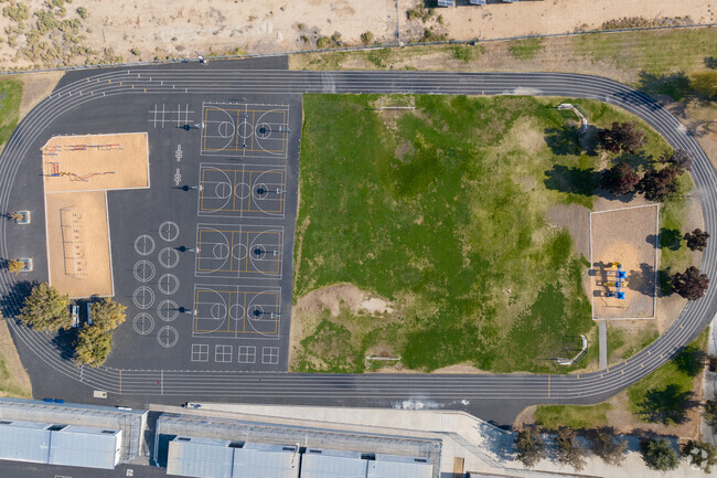 Take a bird's eye view of the Track field at Juliet Thorner Elementary.