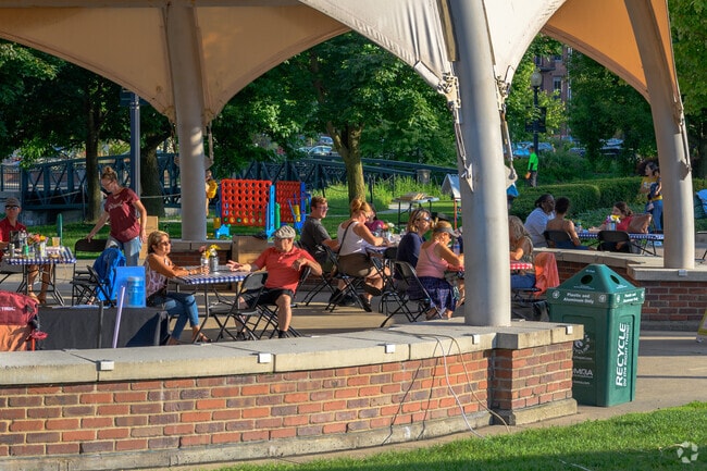 Locals can cool down in the shade at the nearby Arcadia Creek Festival Place, often home to events and concerts.