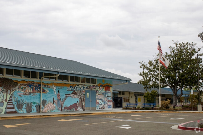 Vibrant mural painted on the side of George Mayne Elementary School.