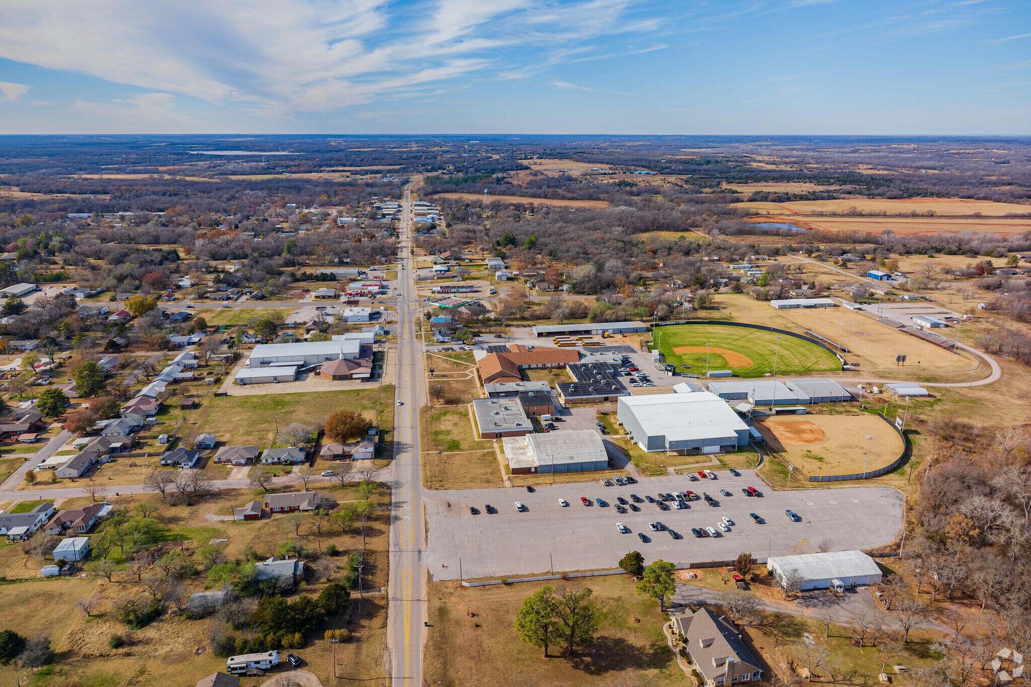 Aerial view of the Meeker Middle School and cityscape of Meeker.