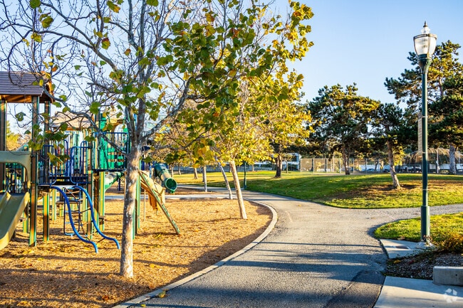 Pathways wind through Mariners Island Park in San Mateo, CA.