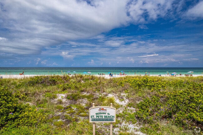 A welcome sign at the beach invites visitors to the St Pete Beach neighborhood.
