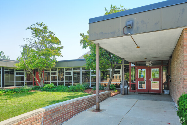 The main entrance to Allen Elementary is tucked around the corner in the main courtyard.