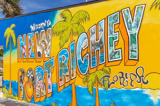 Downtown New Port Richey a bright vibrant community on the Cotee river.