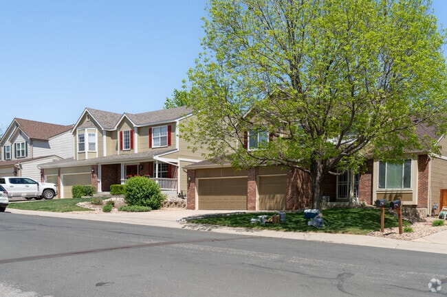 A row of mixed Craftsman-style homes in Signal Creek showcases charming porches, detailed woodwork, and timeless curb appeal in a welcoming Thornton neighborhood.