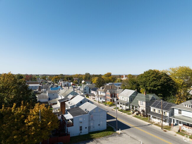An aerial view of the homes on the main street.