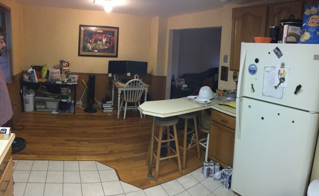 From kitchen to dining room, backyard to the left.