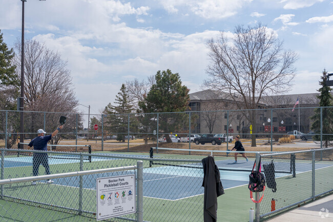 New lighted pickleball courts have been added to Becker Park and offer shade canopies.