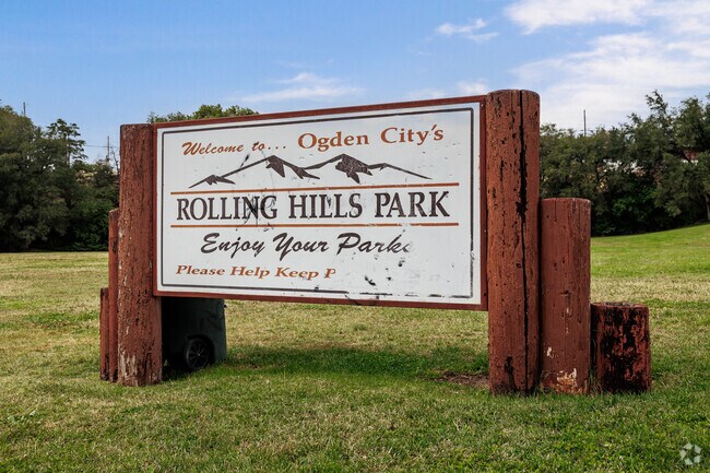 Logs are used to anchor this sign at Rolling Hills Park.
