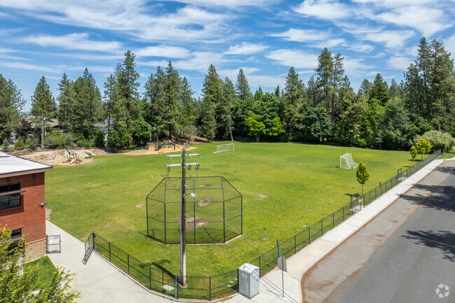 Hutton Elementary features a small baseball diamond.