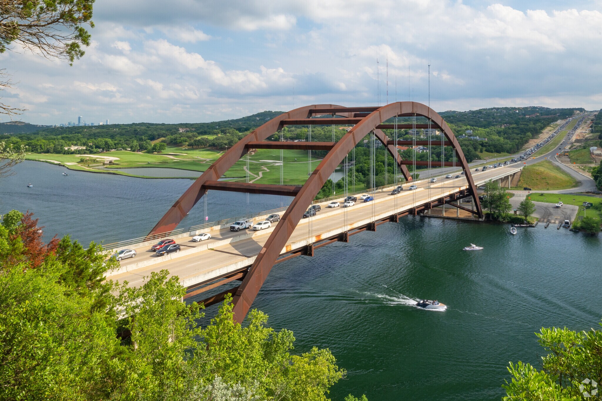 The picturesque Pennybacker Bridge and Highway 2222 over the Colorado River.