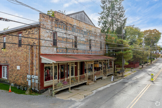 Modern retail shops fill the historic buildings the run along the main drag of Harmony.