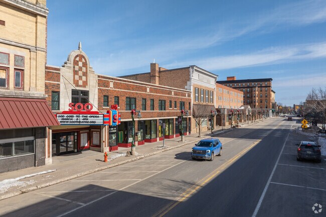 The quaint downtown district of Sault Sainte Marie features a historic theatre and eateries.