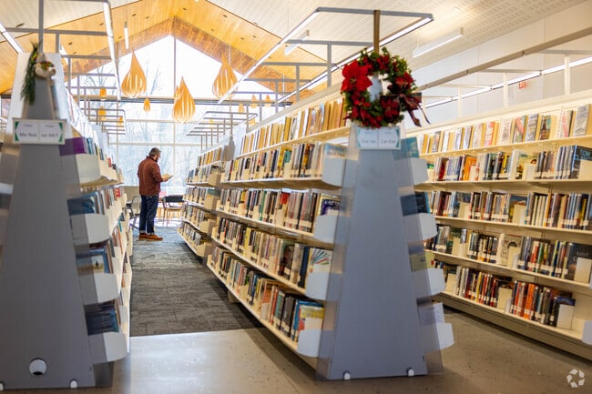 Inside the Varina Public Library with a resident looking for a book.