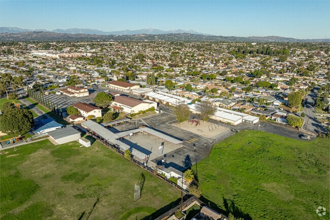 An aerial view of St Paul of the Cross Elementary School in La Mirada