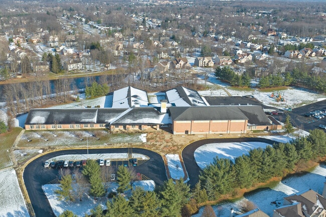 Aerial view of Kinsner Elementary School in Strongville front view.