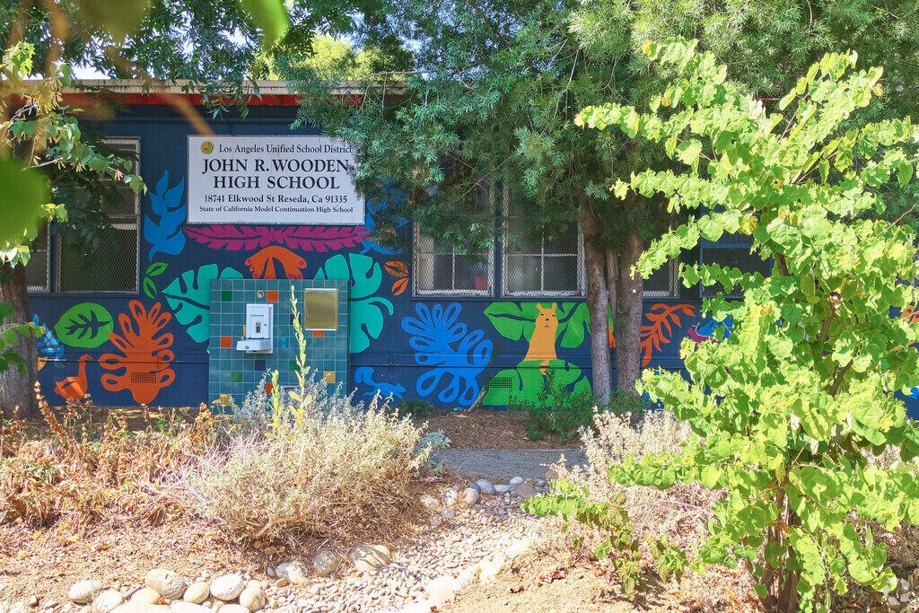 John R. Wooden High School greets students with a vibrant welcome in Reseda, CA.